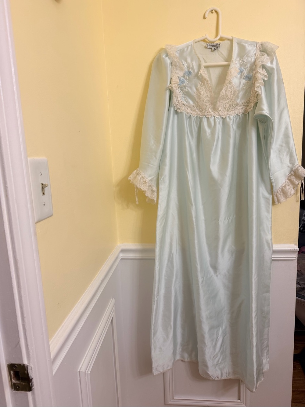 Dior Pale Mint/ blue  Satin Lace-Trimmed Long Nightgown